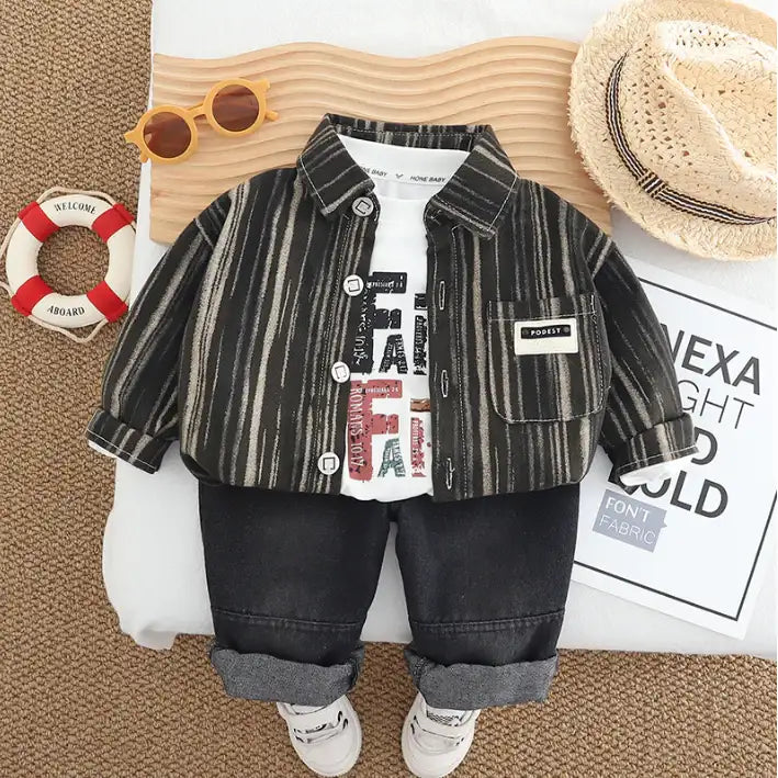 Striped Shirt, Graphic T-Shirt & Jeans Childrenβs Outfit β Brown or Black (1-5 Years)